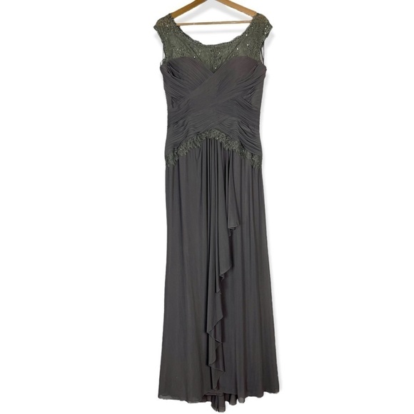 VM COLLECTION ILLUSION CAP SLEEVE RUCHED BUST BEADED FORMAL EVENING GOWN - Picture 3 of 16